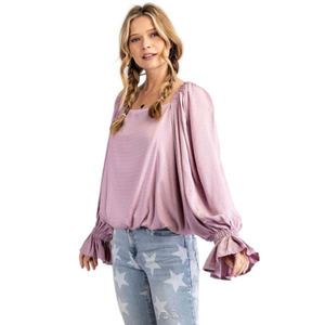 EASEL Women’s long sleeve, open back, square neck, poet sleeve blouse